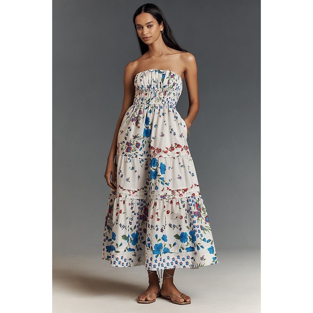 Anthropologie Somerset Strapless Maxi Dress Blue Motif Small New With Tags